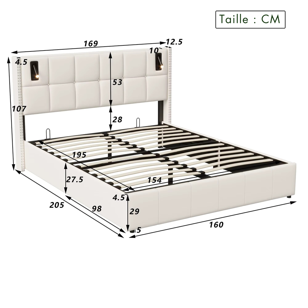 Lit coffre double 160x200 liseuse